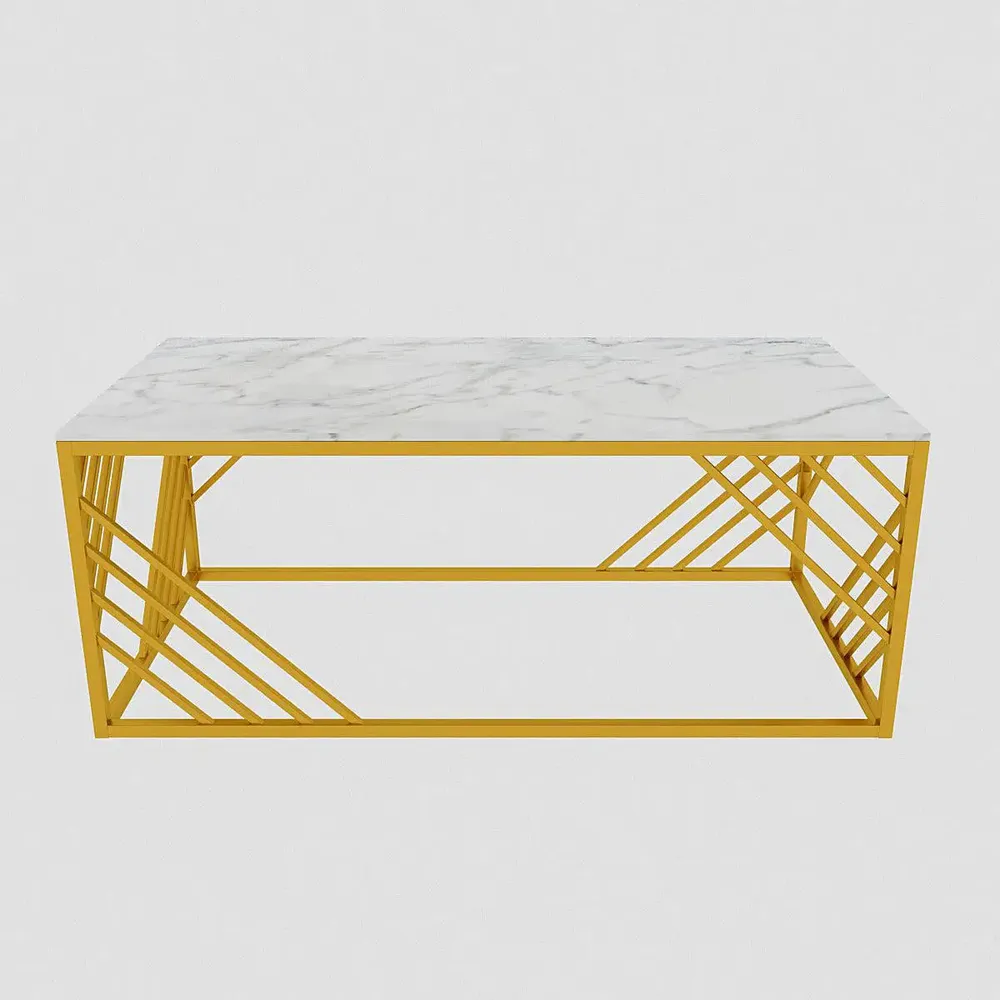 Stunning White Marble Centre Table for Living Room with Golden Accents