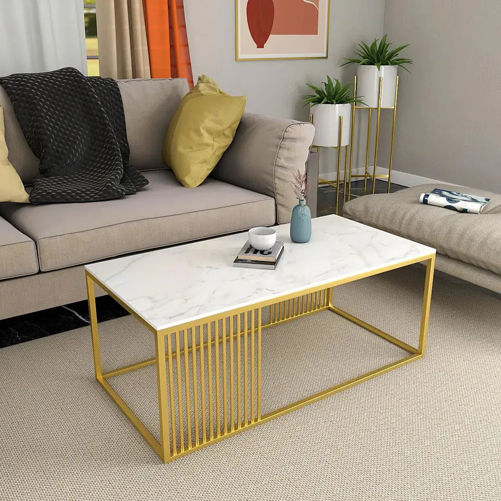 Stunning White Marble Centre Table for Living Room with Golden Accents