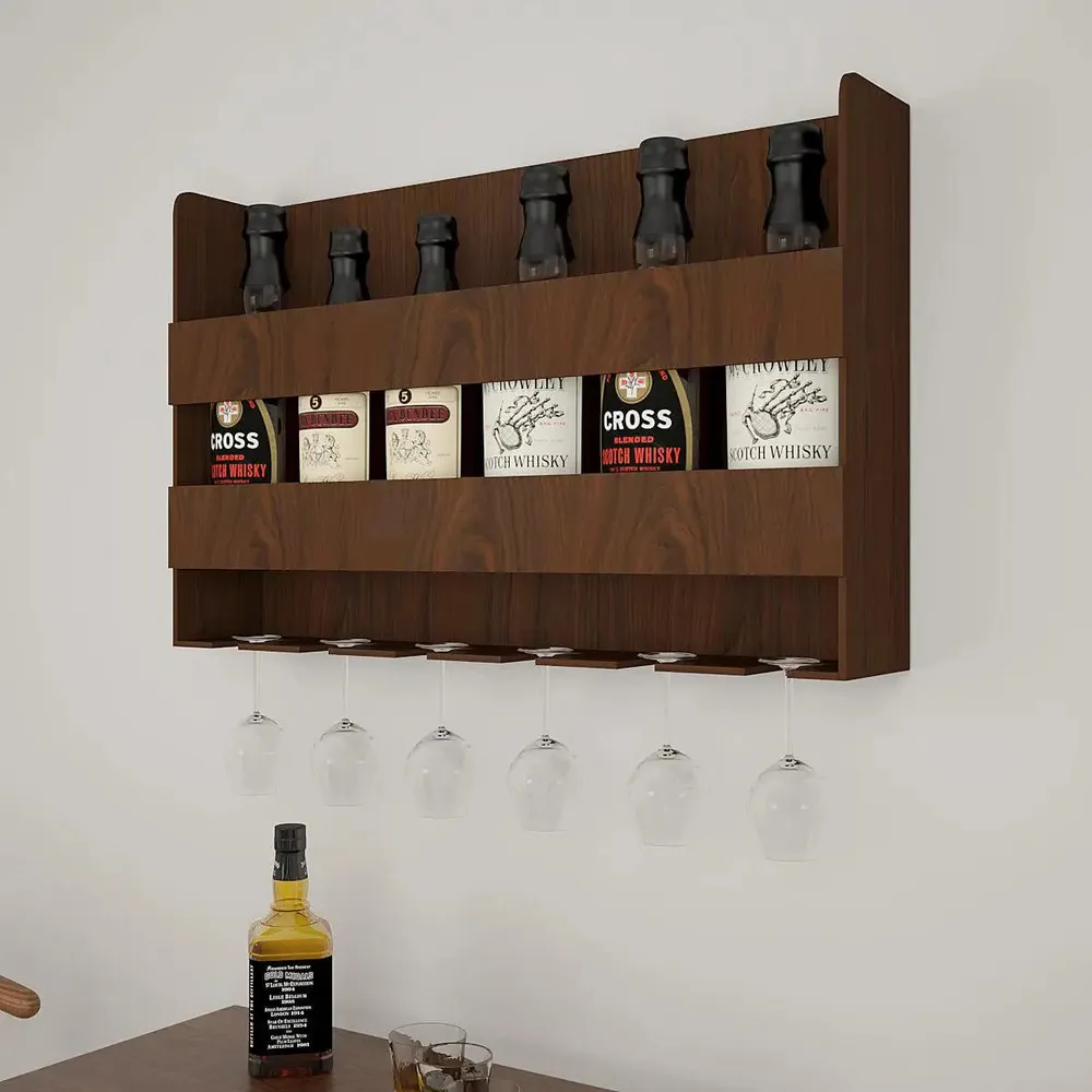Sturdy Backlit Wooden Bar Wall Shelf / Mini Bar Cabinet (Walnut Finish)
