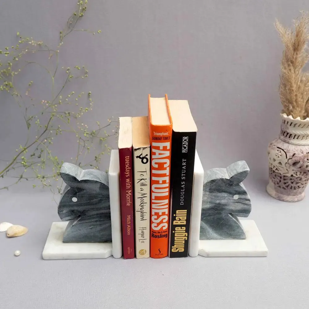Sturdy Embossed White Italian Marble Bookend (Set of 2)