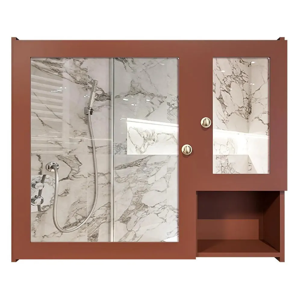 Sturdy Wooden Bathroom Storage Cabinet with Mirrors &amp; 5 Spacious Shelves- Solid Brown