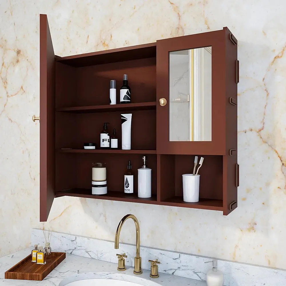 Sturdy Wooden Bathroom Storage Cabinet with Mirrors &amp; 5 Spacious Shelves- Solid Brown