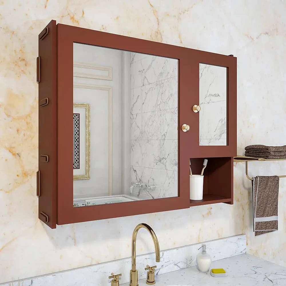 Sturdy Wooden Bathroom Storage Cabinet with Mirrors &amp; 5 Spacious Shelves- Solid Brown