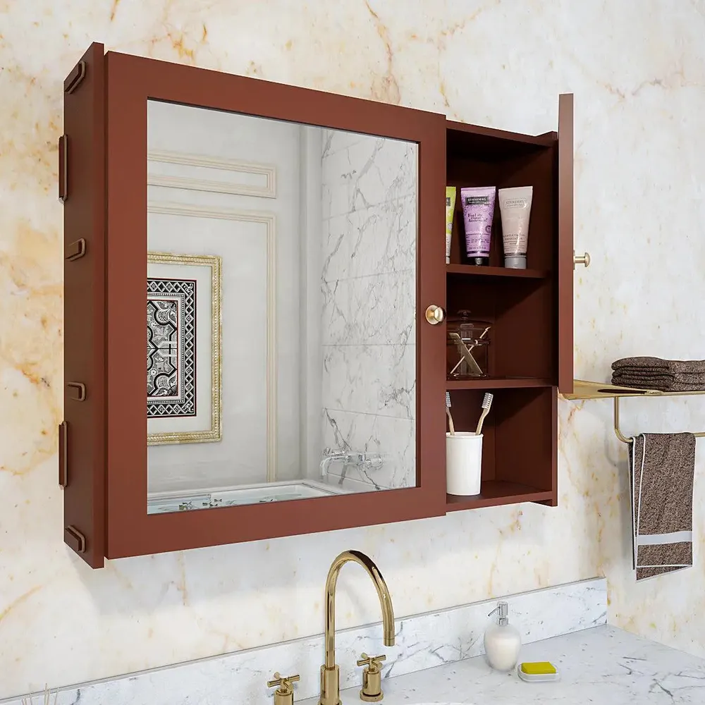 Sturdy Wooden Bathroom Storage Cabinet with Mirrors &amp; 5 Spacious Shelves- Solid Brown