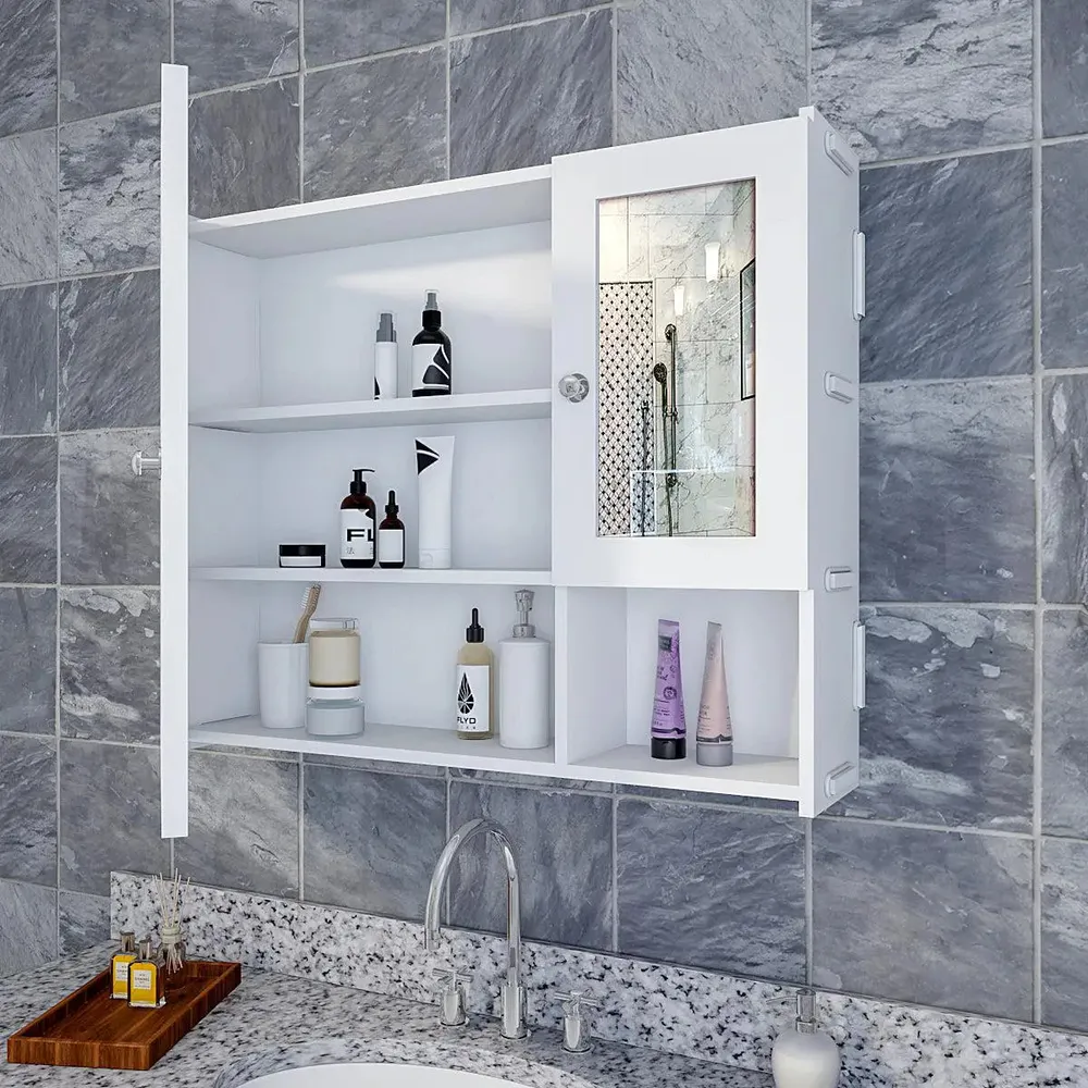 Sturdy Wooden Bathroom Storage Cabinet with Mirrors &amp; 5 Spacious Shelves- White