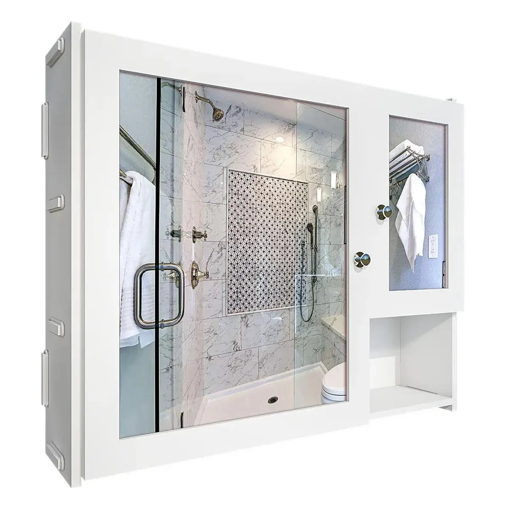 Sturdy Wooden Bathroom Storage Cabinet with Mirrors &amp; 5 Spacious Shelves- White