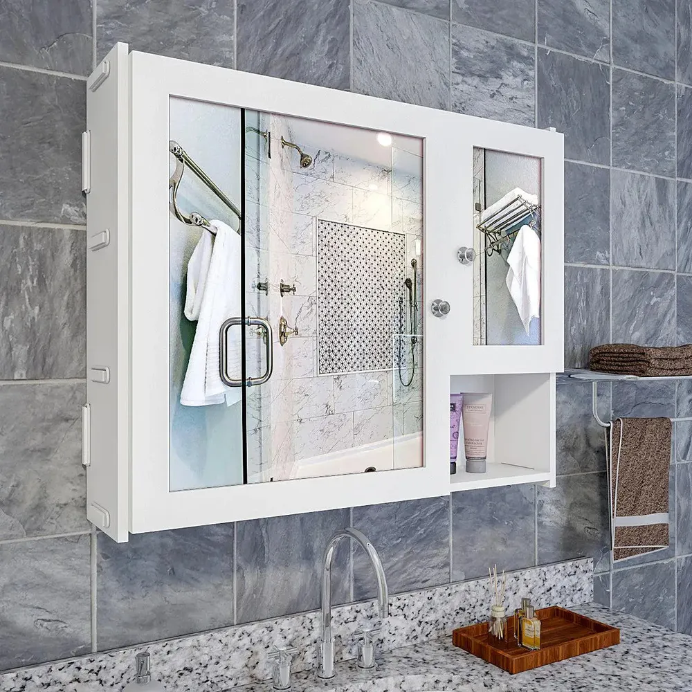 Sturdy Wooden Bathroom Storage Cabinet with Mirrors &amp; 5 Spacious Shelves- White