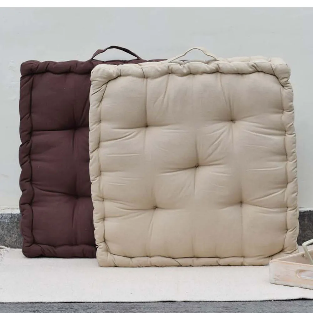 Stylish Box Squared Brown and Beige Plush Cotton Matlas Floor Cushion With Handle Set Of 2
