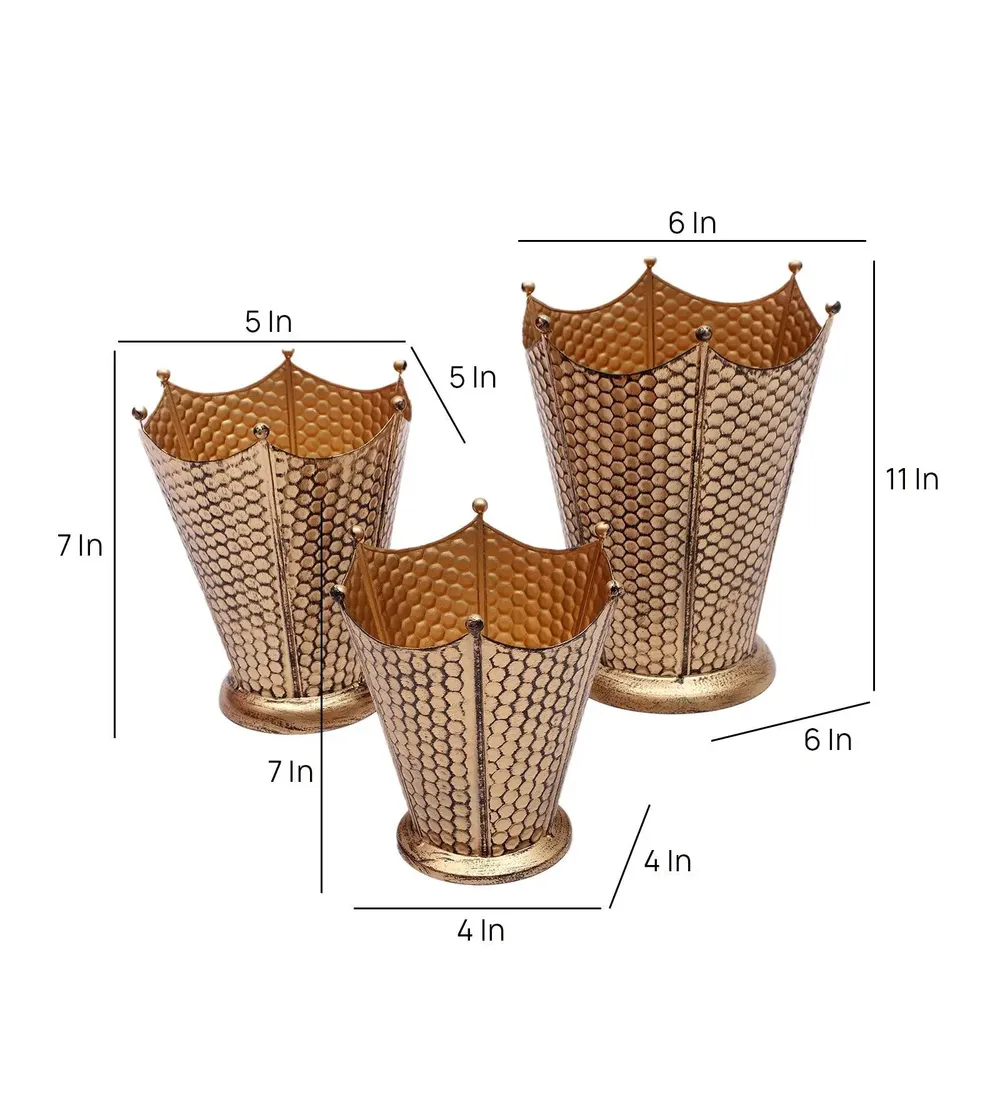 Stylish Golden Bucket-shaped Flower Pot Stand Set of 3