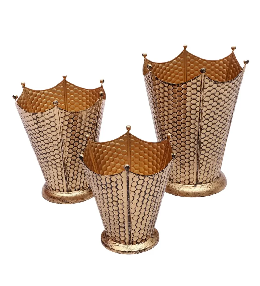 Stylish Golden Bucket-shaped Flower Pot Stand Set of 3