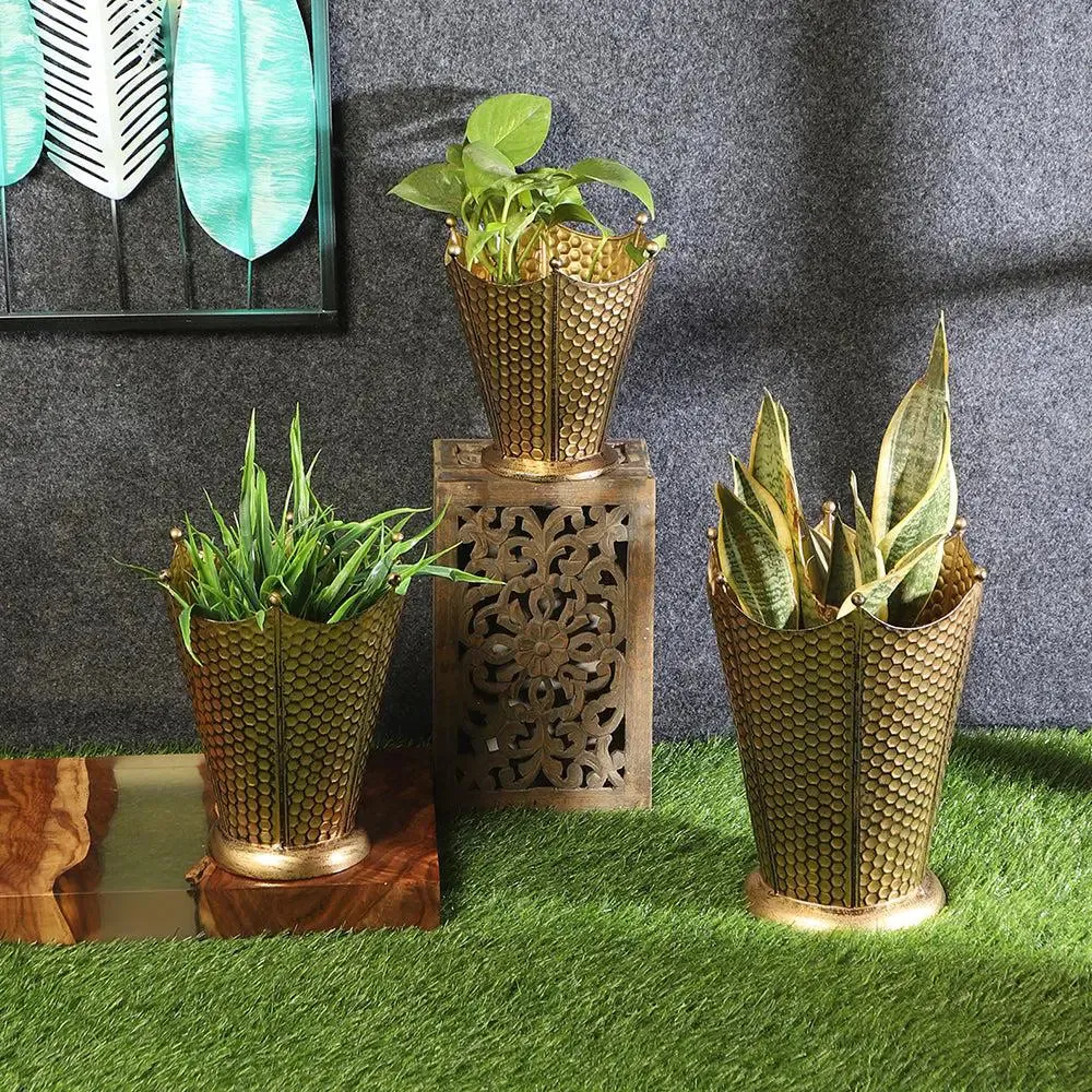 Stylish Golden Bucket-shaped Flower Pot Stand Set of 3