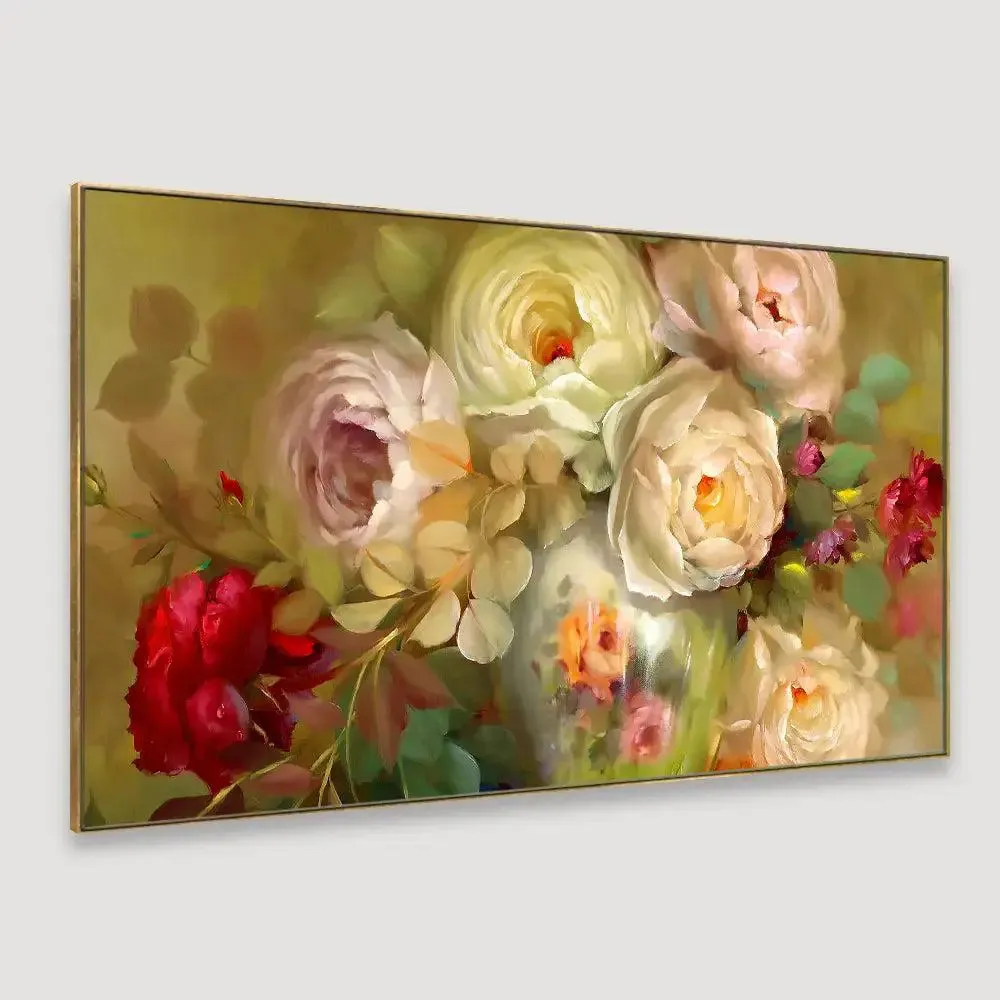 Stylish White Roses Canvas Printed Wall Art Big Panoramic Wall Painting With Frame
