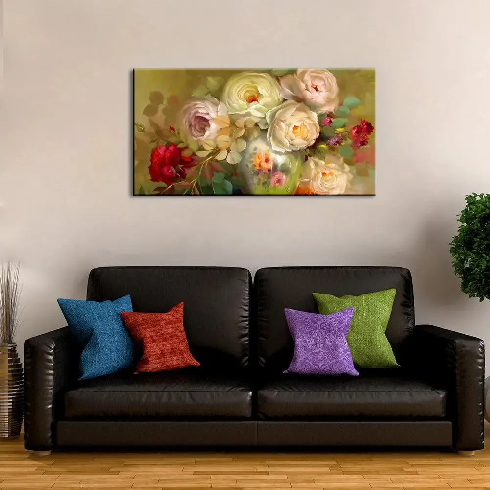 Stylish White Roses Canvas Printed Wall Art Big Panoramic Wall Painting With Frame