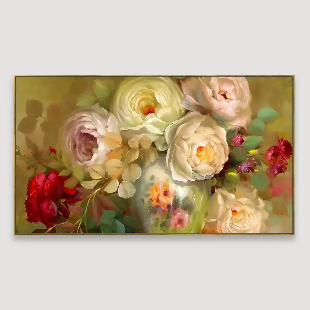 Stylish White Roses Canvas Printed Wall Art Big Panoramic Wall Painting With Frame