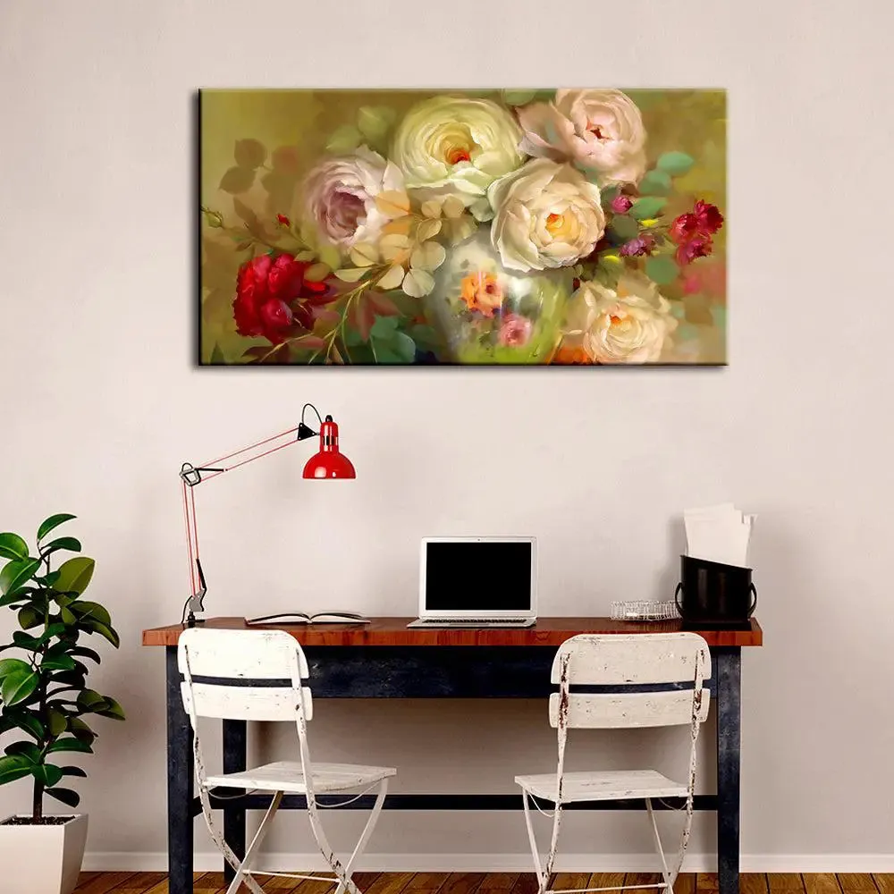 Stylish White Roses Canvas Printed Wall Art Big Panoramic Wall Painting With Frame