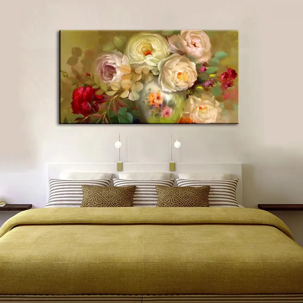 Stylish White Roses Canvas Printed Wall Art Big Panoramic Wall Painting With Frame