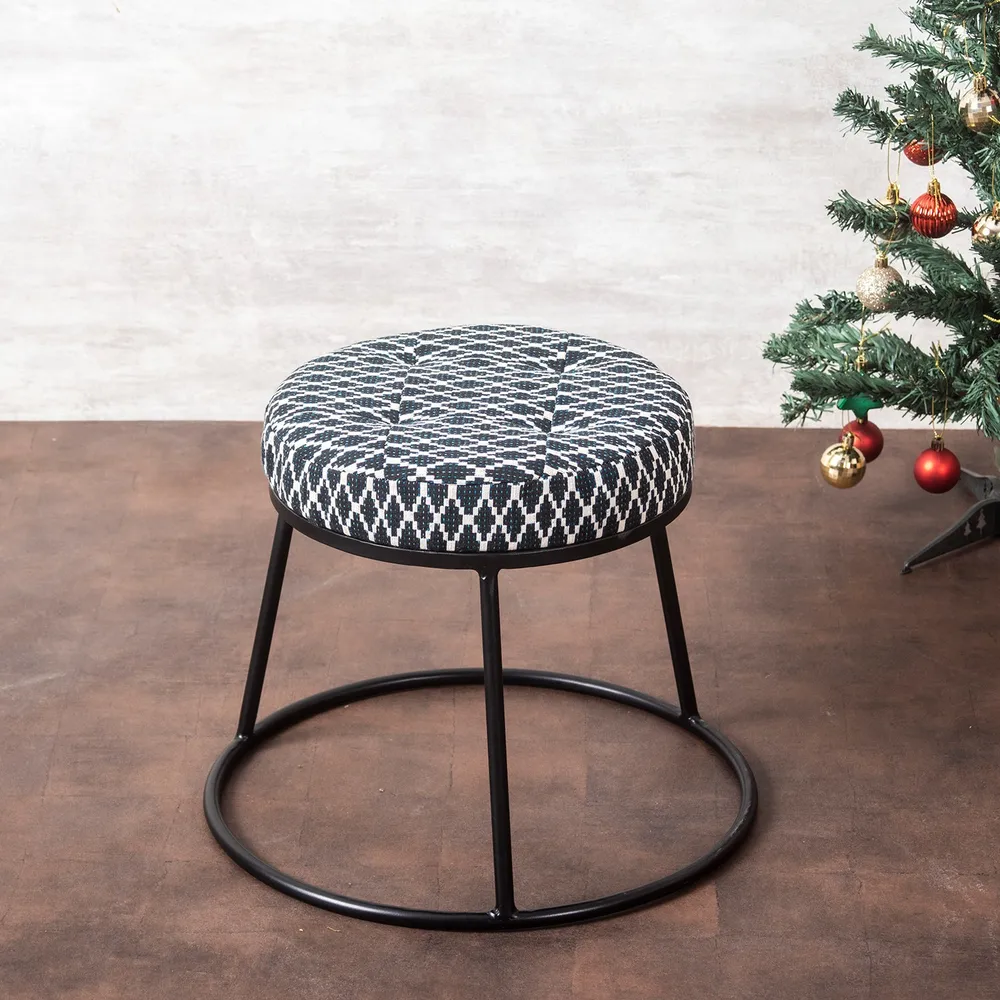 Subtle Dark Hued Print Woven Jacquard Cotton Upholstered Metal Ottoman Stool