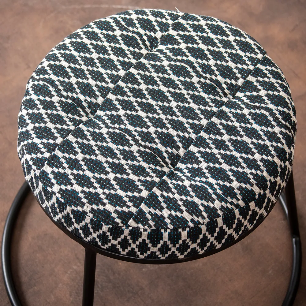 Subtle Dark Hued Print Woven Jacquard Cotton Upholstered Metal Ottoman Stool