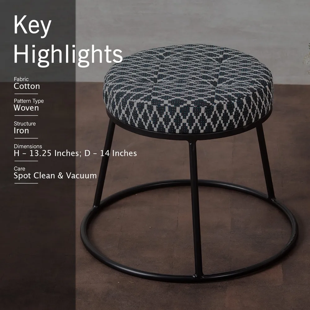 Subtle Dark Hued Print Woven Jacquard Cotton Upholstered Metal Ottoman Stool
