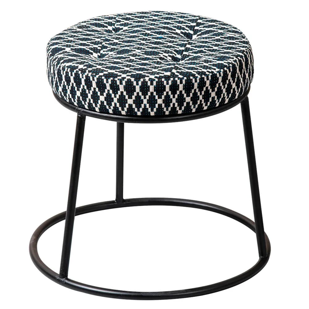 Subtle Dark Hued Print Woven Jacquard Cotton Upholstered Metal Ottoman Stool
