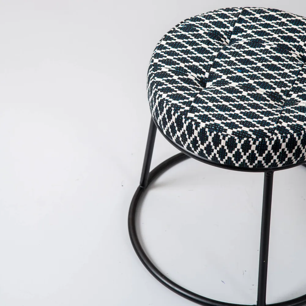 Subtle Dark Hued Print Woven Jacquard Cotton Upholstered Metal Ottoman Stool
