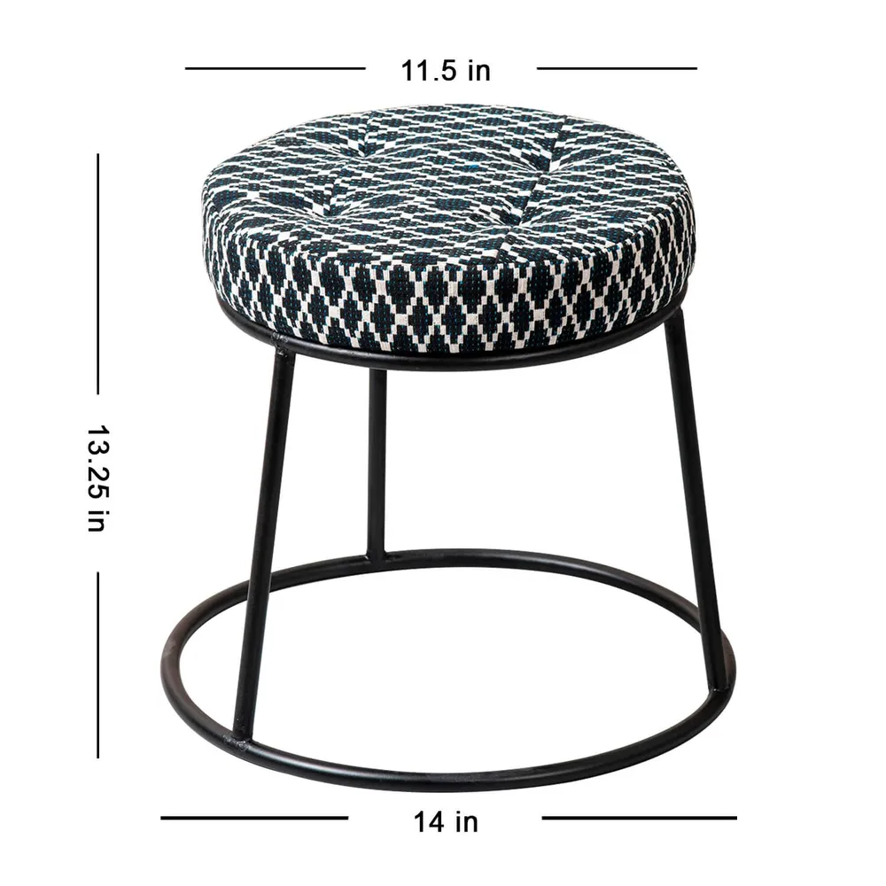 Subtle Dark Hued Print Woven Jacquard Cotton Upholstered Metal Ottoman Stool