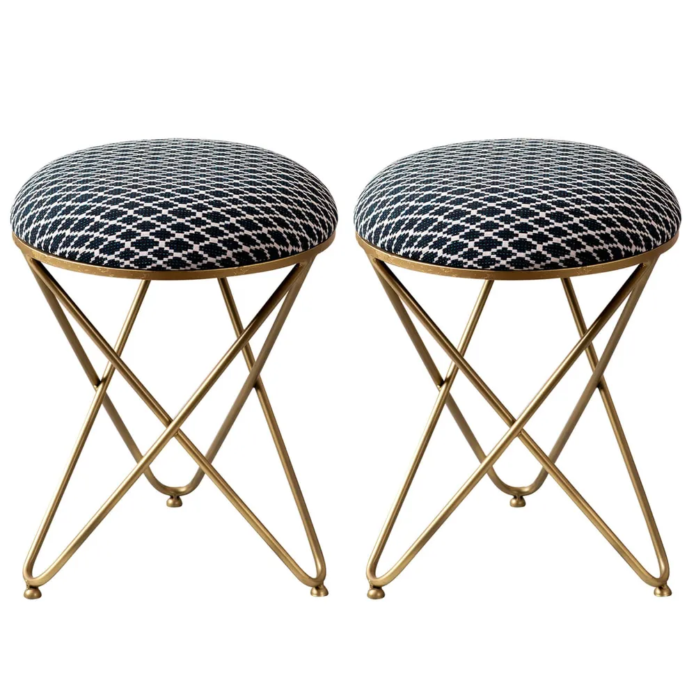 Subtle Dark Hued Print Woven Metal Ottoman Stool Set Of 2