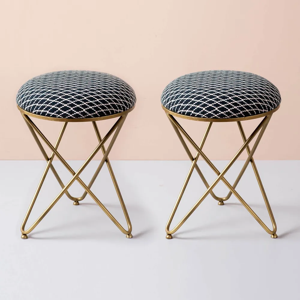 Subtle Dark Hued Print Woven Metal Ottoman Stool Set Of 2