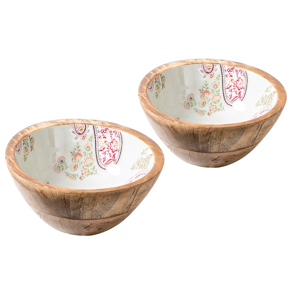 Subtle Green Enamel Print Wood Serving Bowl Set Of 2