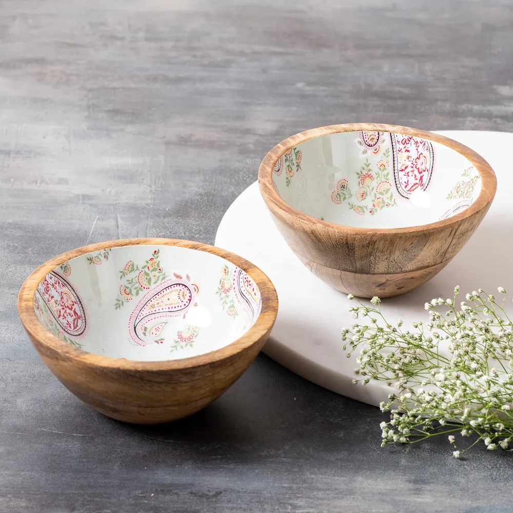 Subtle Green Enamel Print Wood Serving Bowl Set Of 2