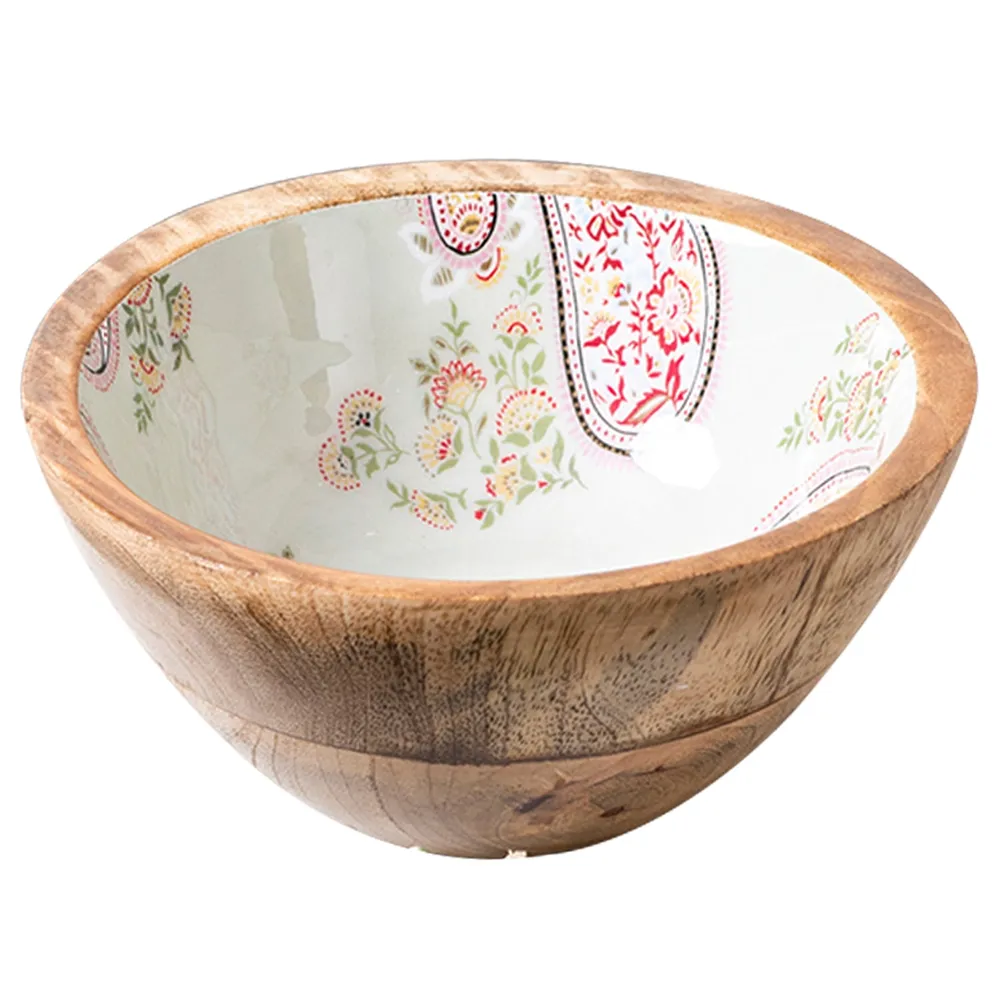 Subtle Green Enamel Print Wood Serving Bowl Set Of 2