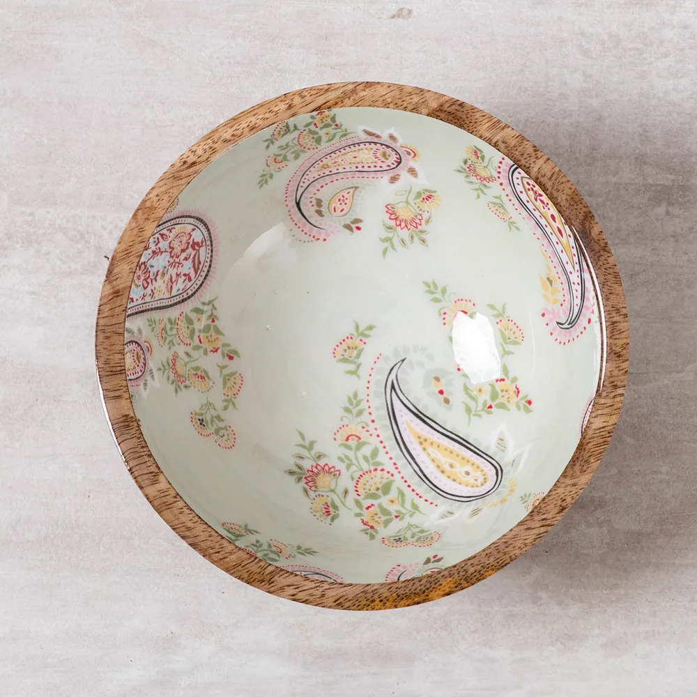 Subtle Green Enamel Print Wood Serving Bowl Set Of 2