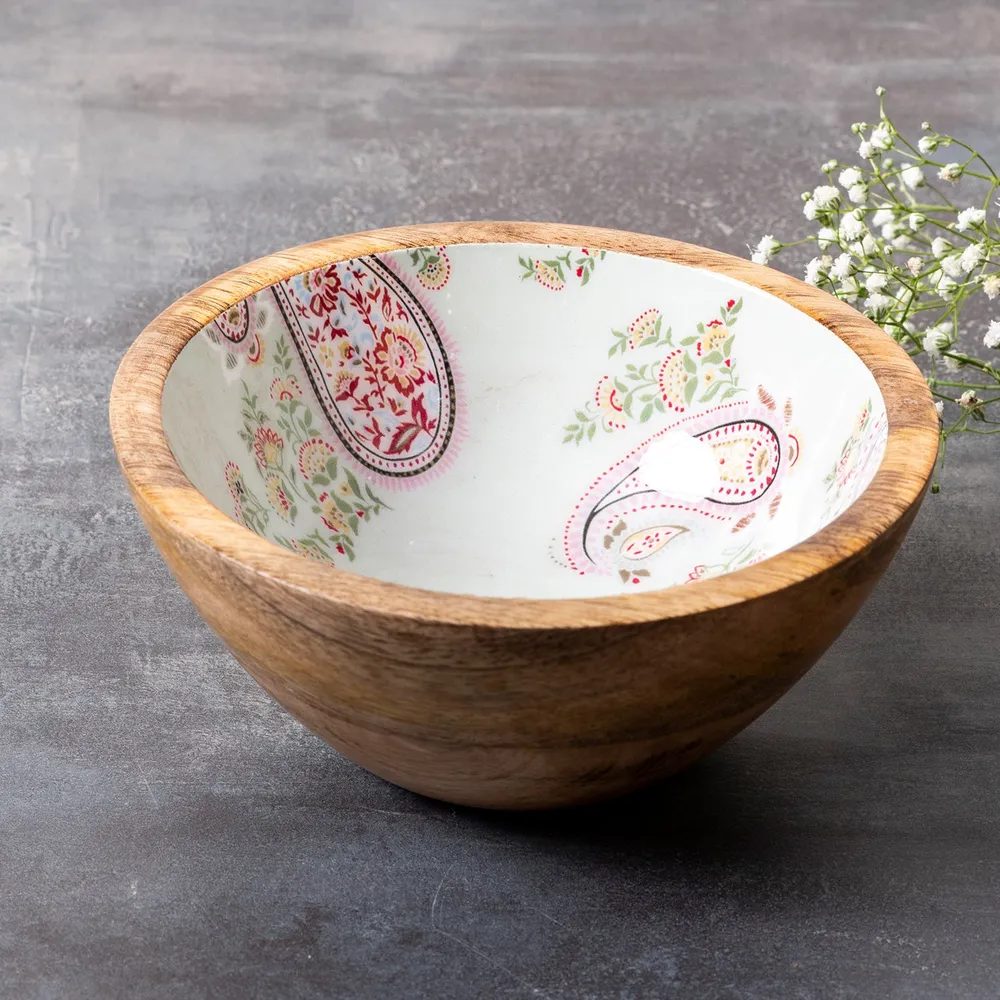 Subtle Green Enamel Print Wood Serving Bowl Set Of 2
