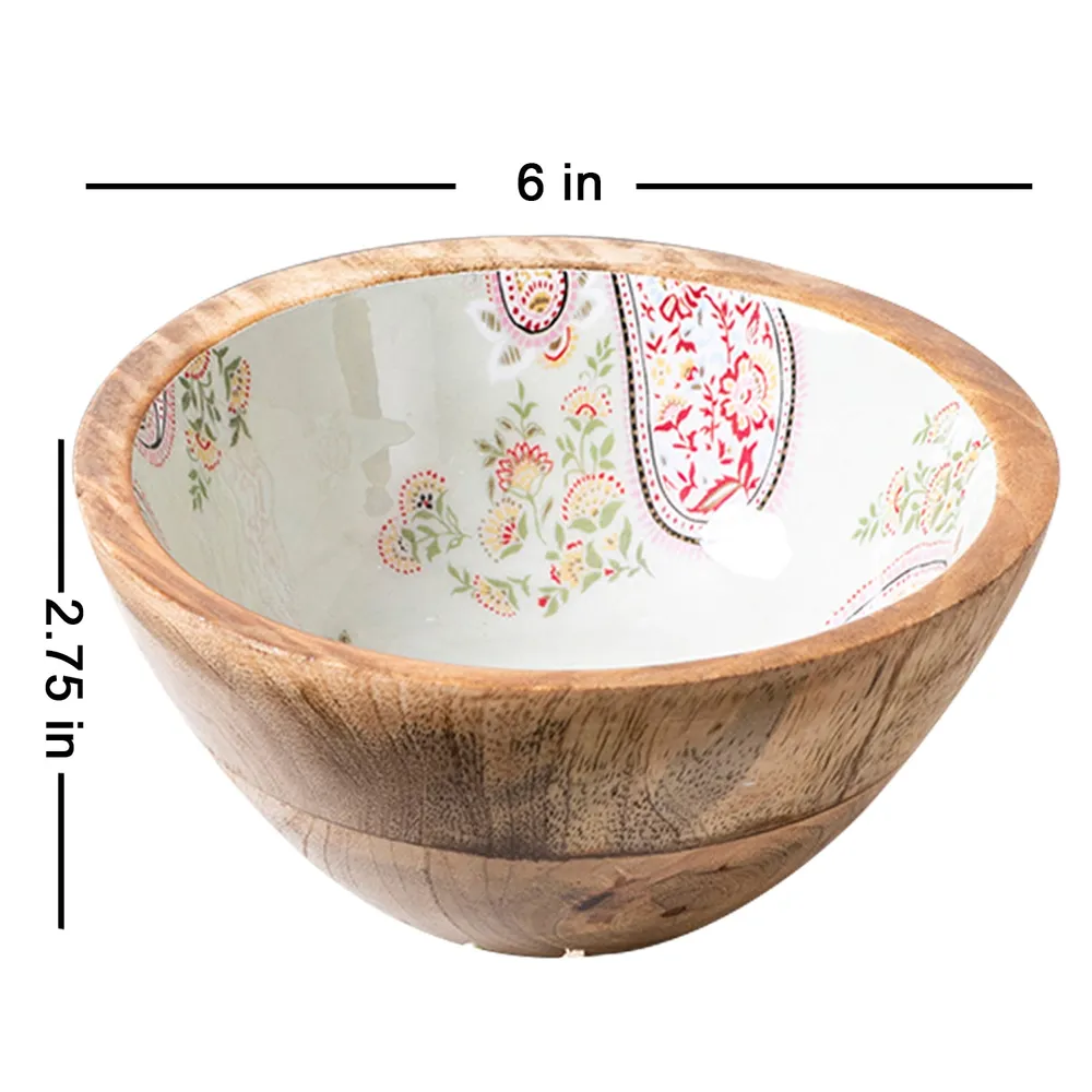 Subtle Green Enamel Print Wood Serving Bowl Set Of 2