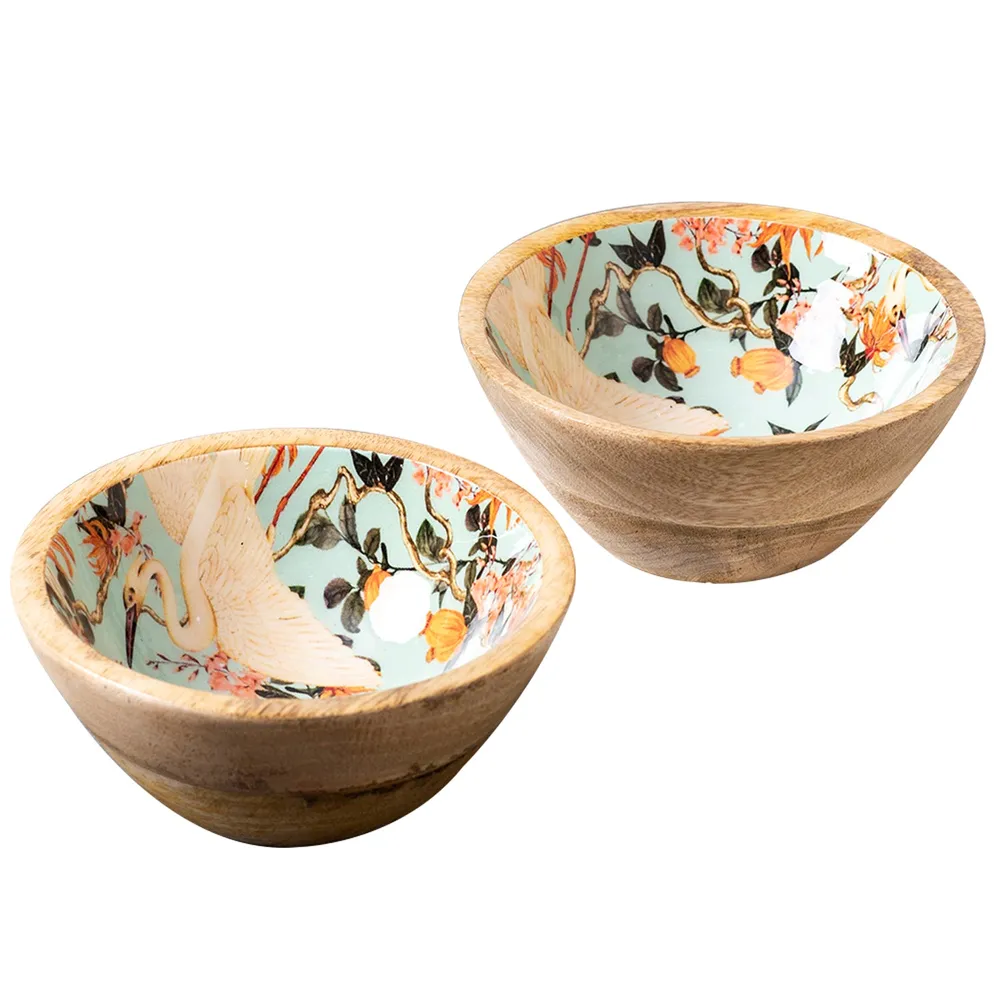 Subtle Green Flamingo Enamel Print Wood Serving Bowl Set Of 2