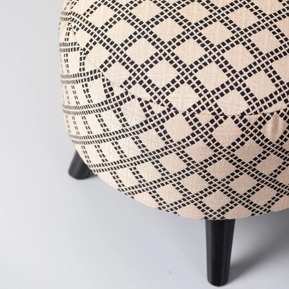 Subtle Printed Woven Jacquard Pink Base Cotton Upholstered Ottoman Wood Stool Single Piece
