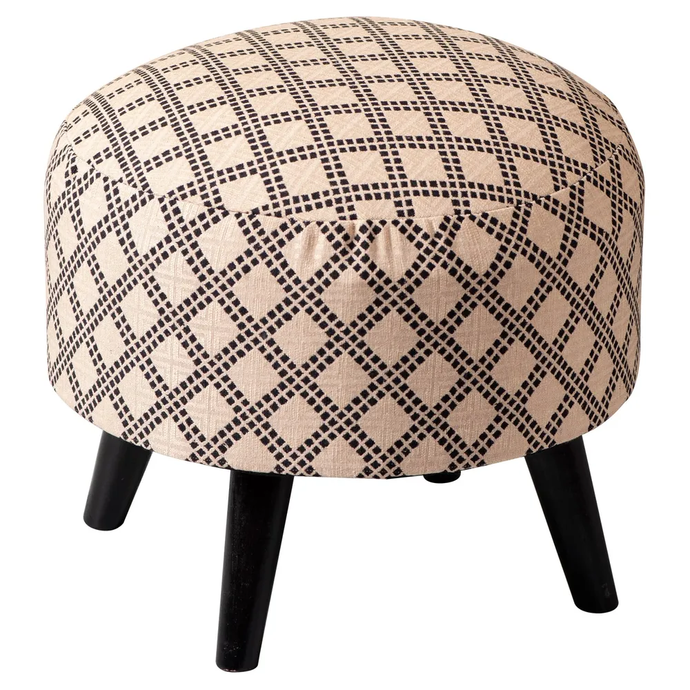 Subtle Printed Woven Jacquard Pink Base Cotton Upholstered Ottoman Wood Stool Single Piece