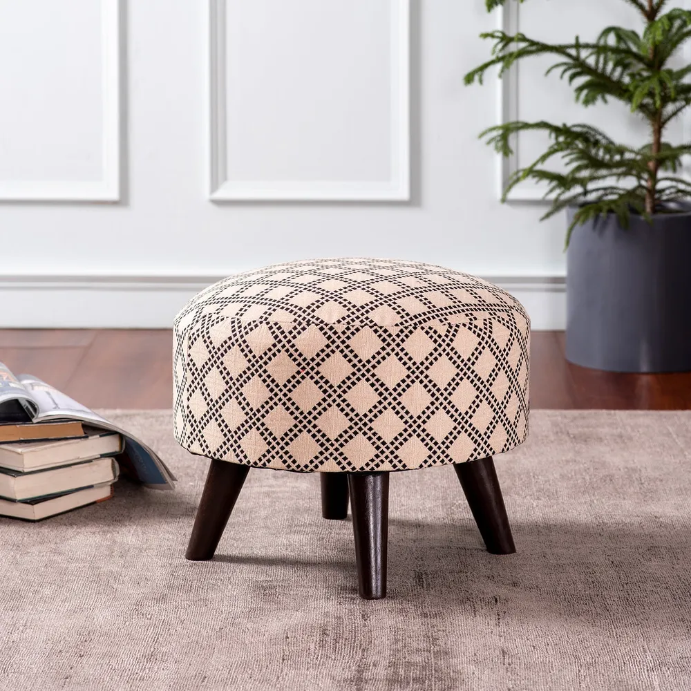 Subtle Printed Woven Jacquard Pink Base Cotton Upholstered Ottoman Wood Stool Single Piece