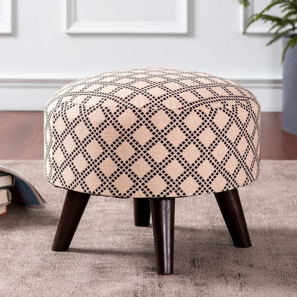 Subtle Printed Woven Jacquard Pink Base Cotton Upholstered Ottoman Wood Stool Single Piece