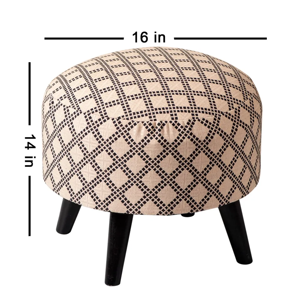Subtle Printed Woven Jacquard Pink Base Cotton Upholstered Ottoman Wood Stool Single Piece
