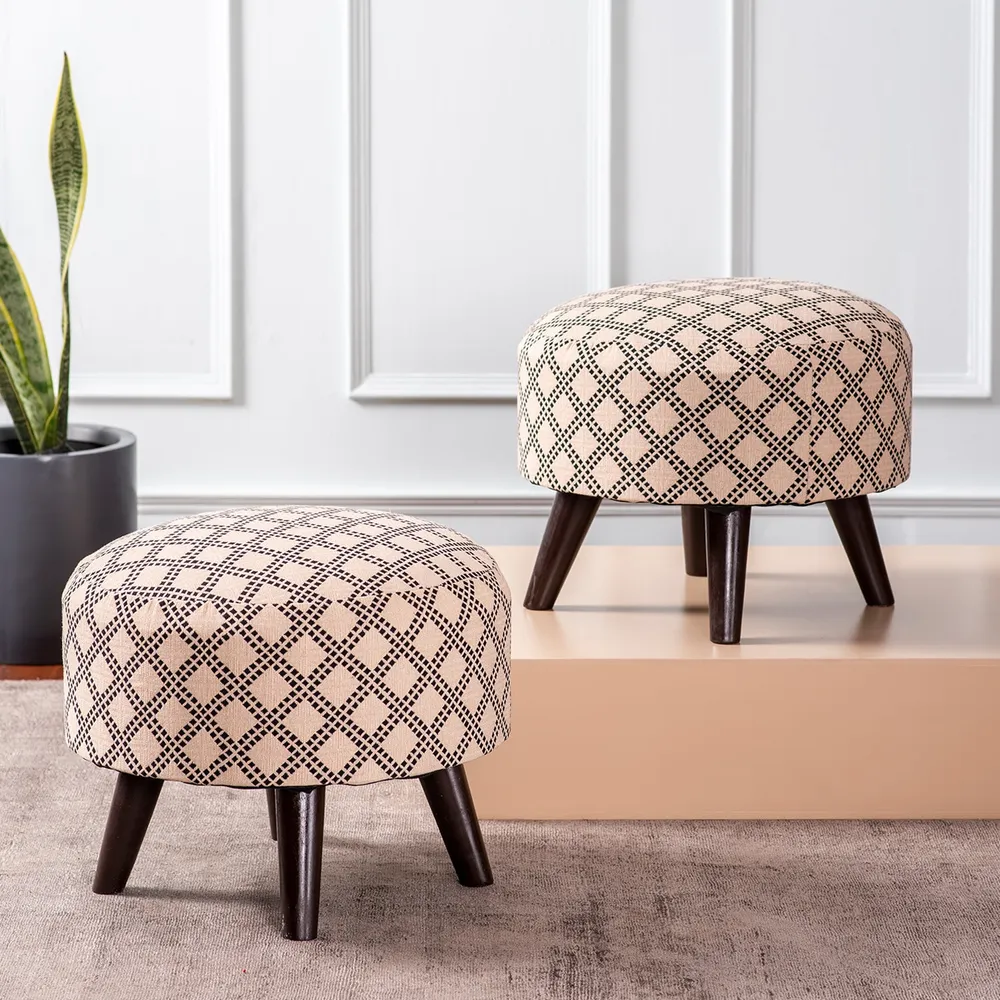 Subtle Printed Woven Jacquard Pink Base Cotton Wood Ottoman Set Of 2