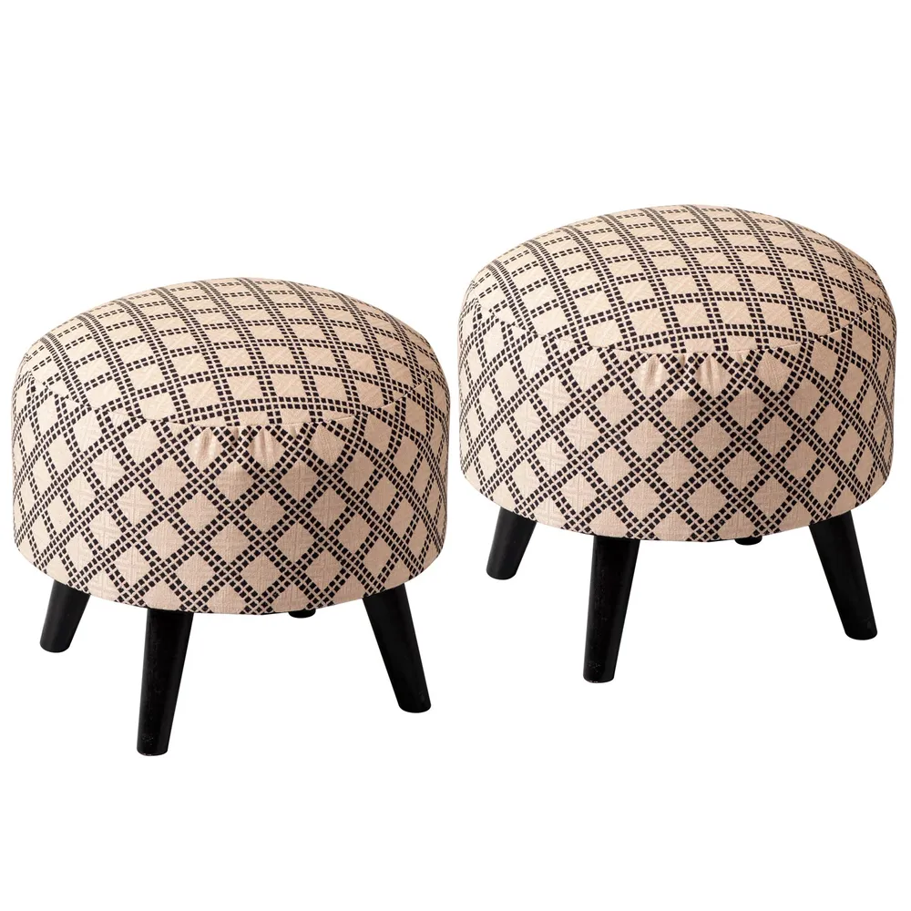 Subtle Printed Woven Jacquard Pink Base Cotton Wood Ottoman Set Of 2