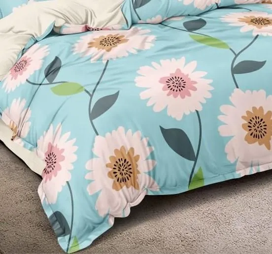 Summer Brights Floral Designer Double Bedsheet With 2 Pillow Covers (Blue & Pink)
