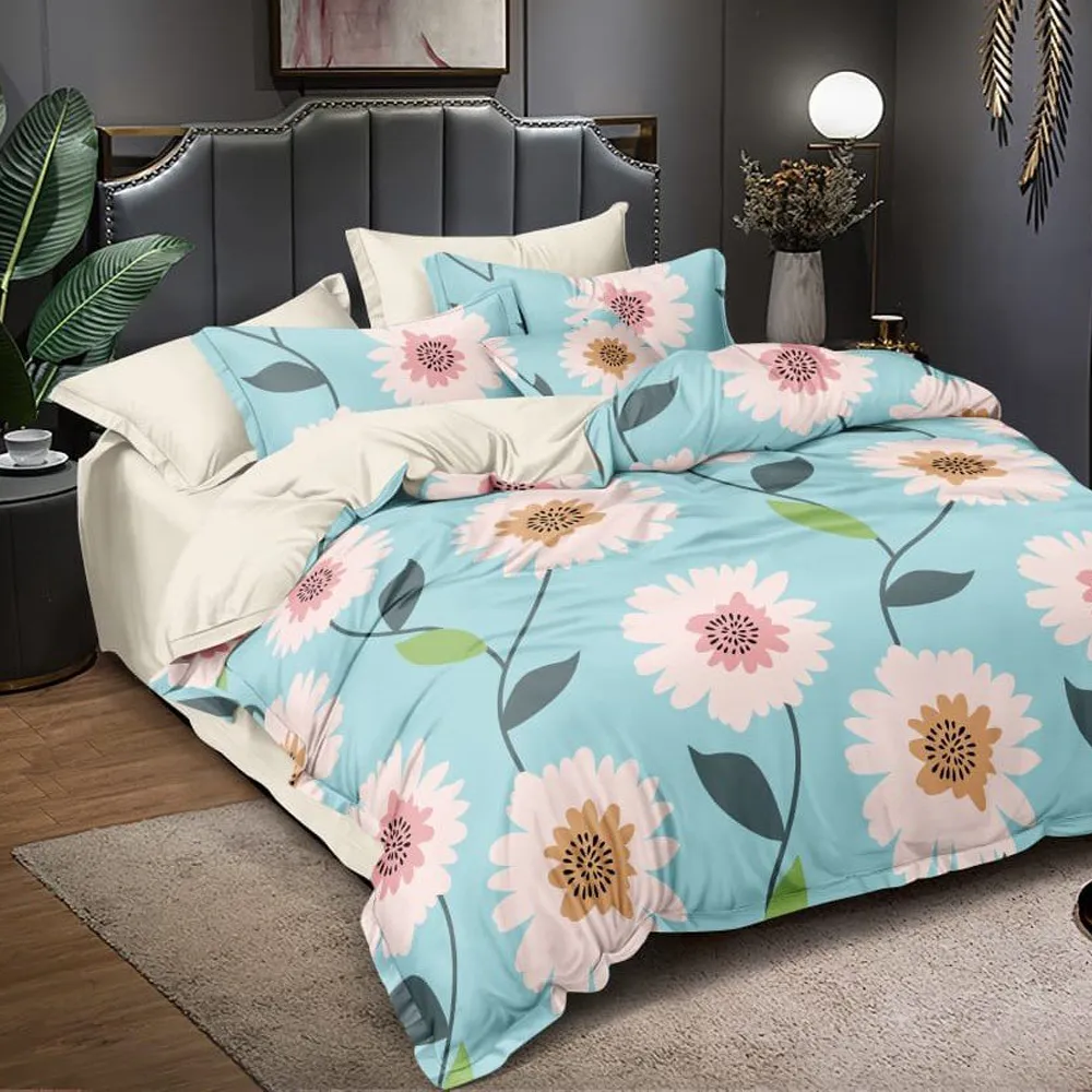 Summer Brights Floral Designer Double Bedsheet With 2 Pillow Covers (Blue & Pink)