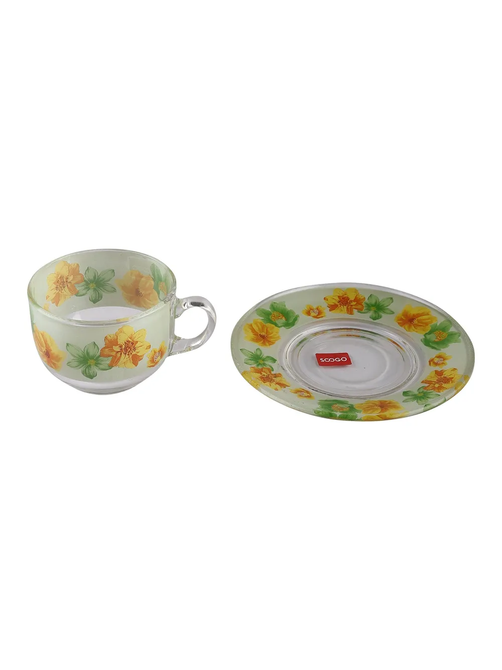 Summer Floral Print Green & Orange Translucent Tea Cups With Saucers Set Of 6