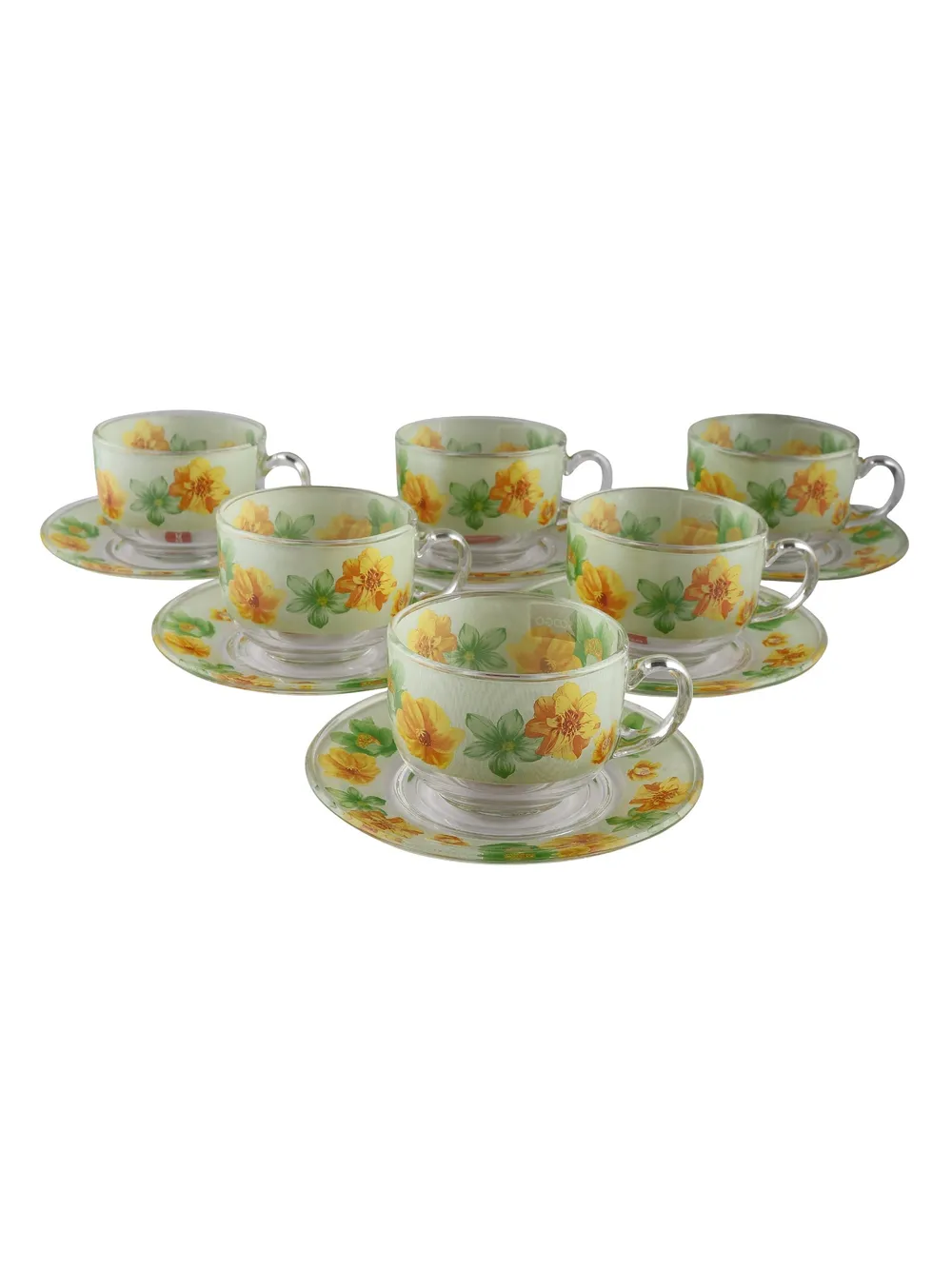 Summer Floral Print Green & Orange Translucent Tea Cups With Saucers Set Of 6