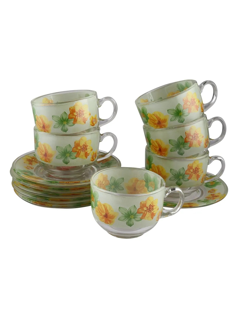 Summer Floral Print Green & Orange Translucent Tea Cups With Saucers Set Of 6