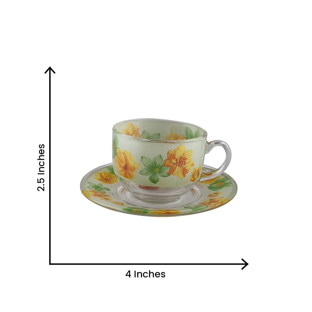Summer Floral Print Green & Orange Translucent Tea Cups With Saucers Set Of 6