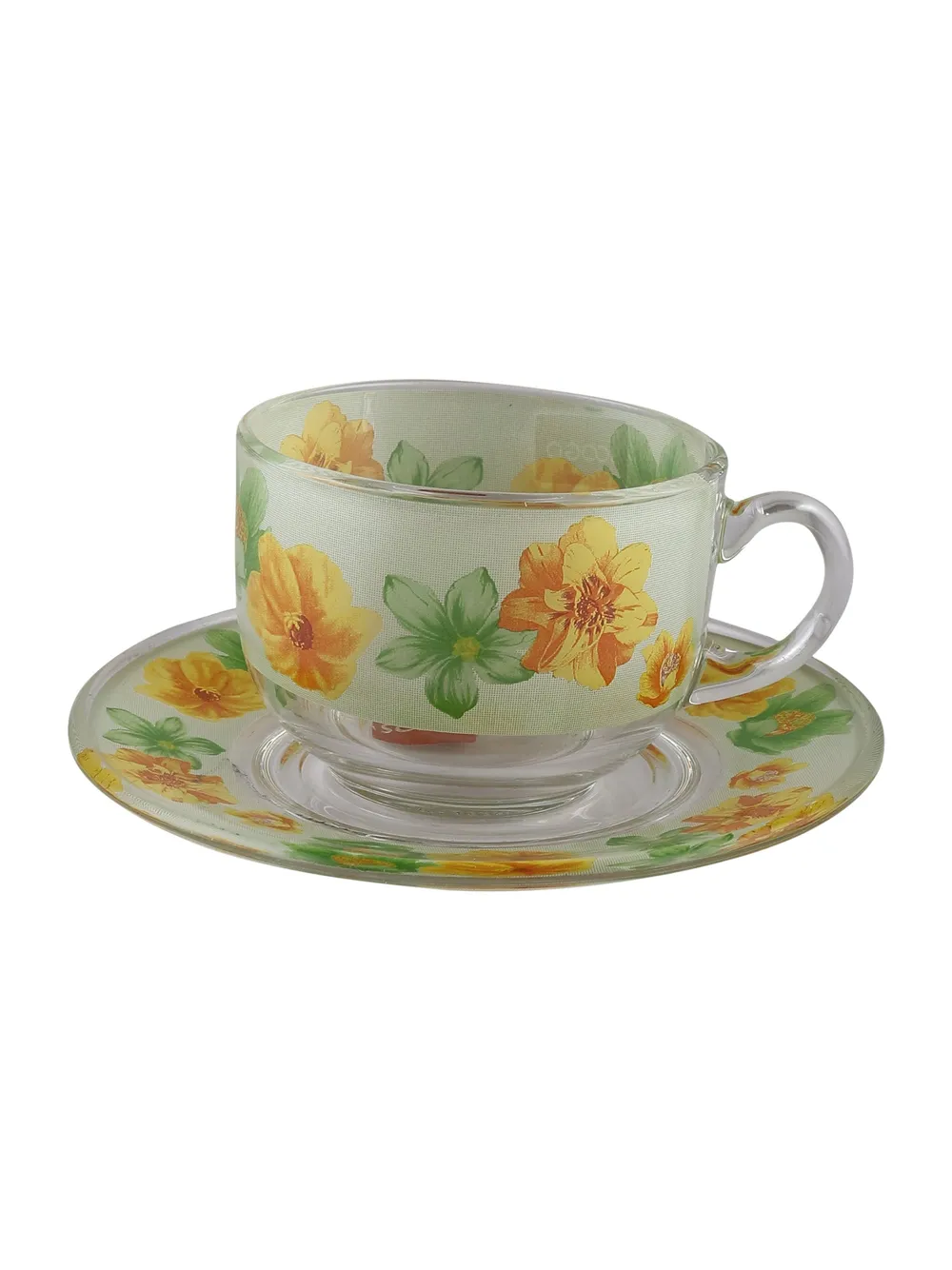 Summer Floral Print Green & Orange Translucent Tea Cups With Saucers Set Of 6