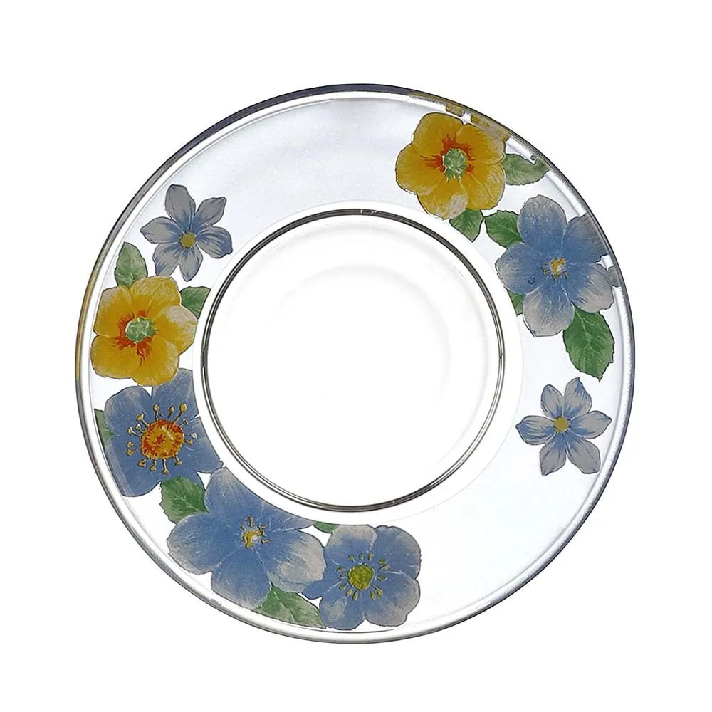 Summer Floral Print Yellow & Blue Translucent Tea Cups With Saucers Set Of 6